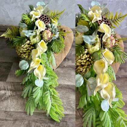 Wiązanka nagrobna na drewnianym sercu, długość 62 cm