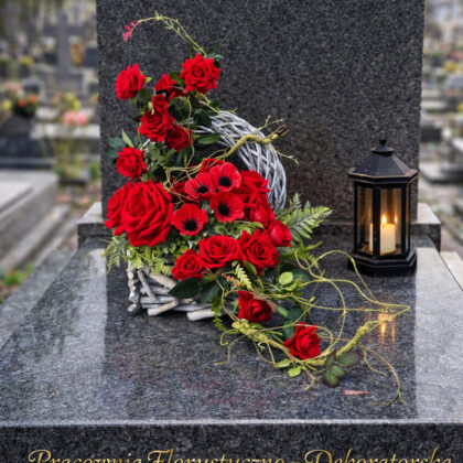 Dekoracja nagrobna czerwone róże i anemony